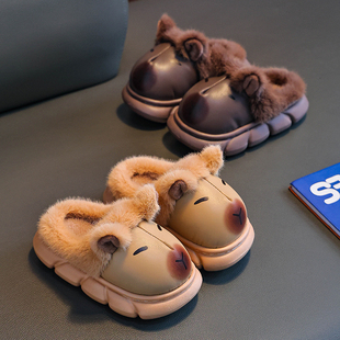 卡皮巴拉儿童棉拖鞋秋冬季男童EVA室内皮面防水中大童小男孩棉鞋