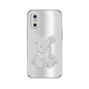 电镀银金属熊适用苹果x手机壳iPhonexr男款xsmax潮牌8plus全包7玻璃XS套女6s新品se2三代防摔情侣薄硅胶外壳