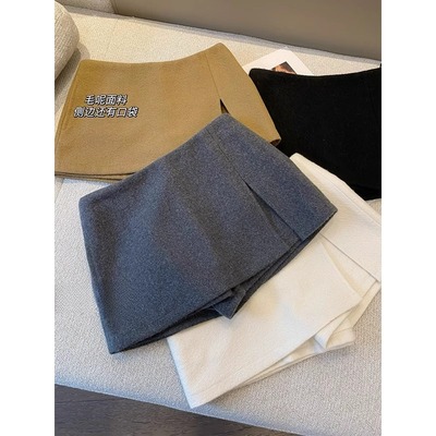 秋冬季加厚双层开叉毛呢半身防走光裙裤简约A字半裙女短款包臀裙