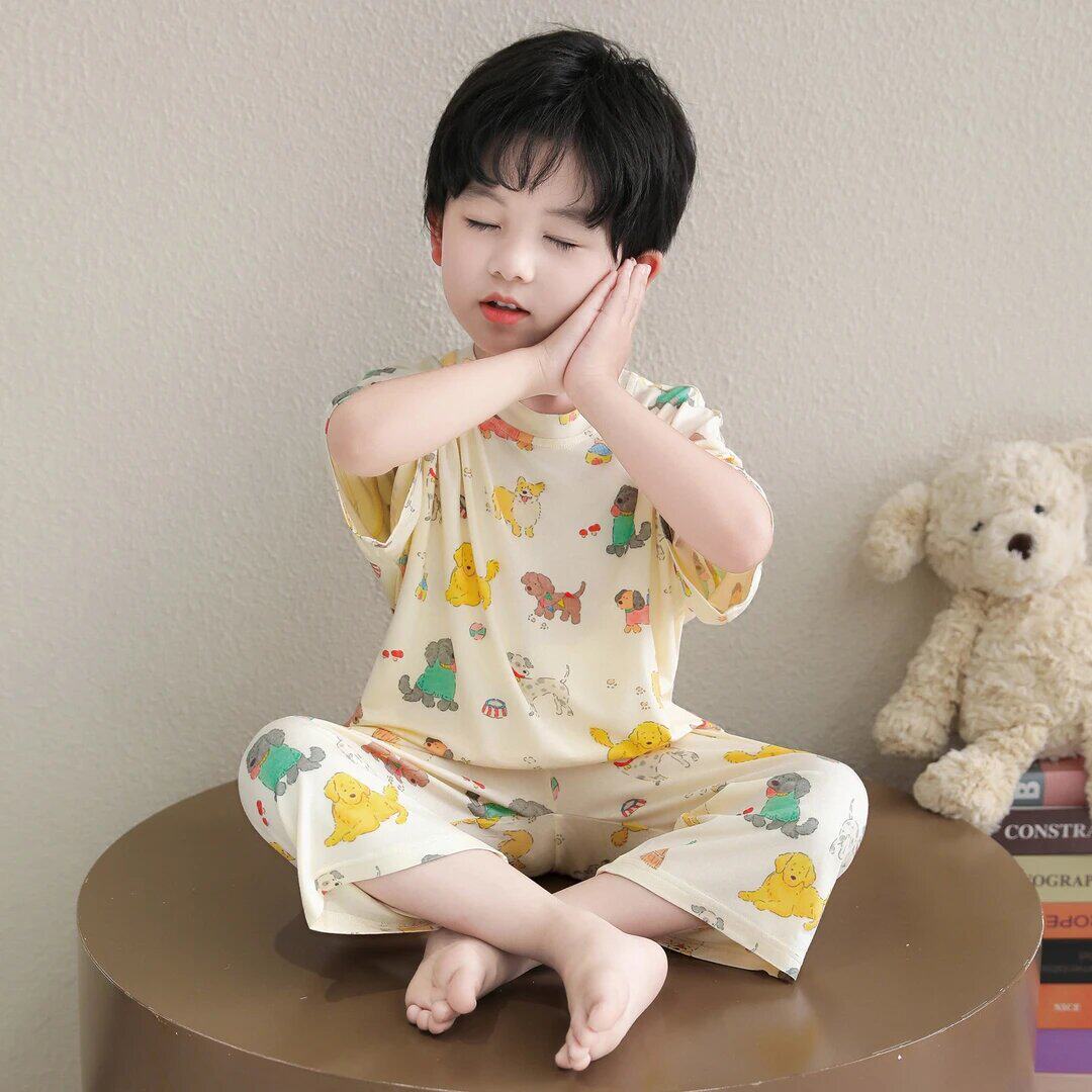 儿童睡衣夏季莫代尔薄款男女宝宝夏款七分袖空调服儿童卡通家居服