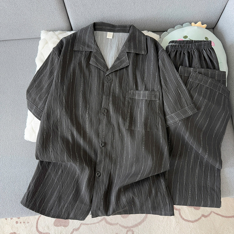 男士睡衣夏季棉绸短袖长裤套装宽松简约条纹中年爸爸云朵棉家居服