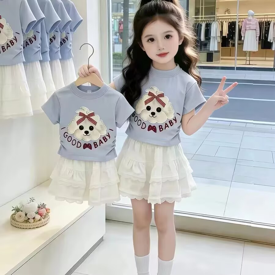 女童夏季套装2026新款蛋糕裙洋气儿童纯棉短袖T恤+百褶短裙两件套