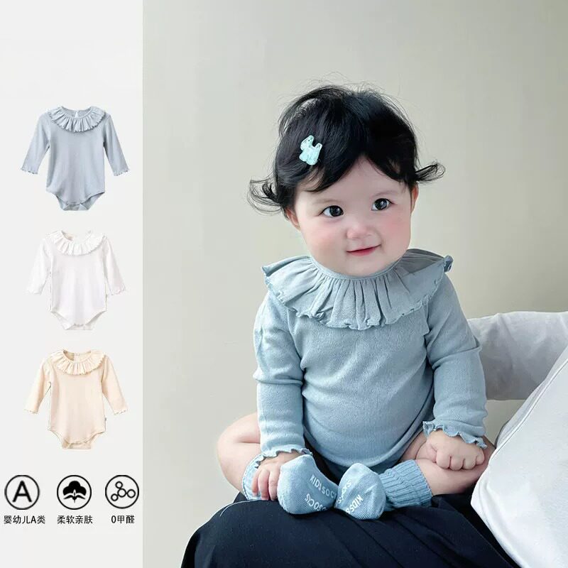2026春秋新品婴幼儿韩版荷叶领长袖爬爬服女宝纯色木耳边外出哈衣