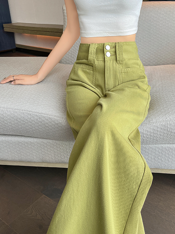 多巴胺休闲阔腿牛仔裤女春季遮胯高腰宽松牛油果绿色直筒拖地长裤