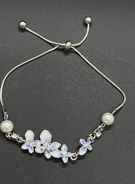 蓝色渐变珐琅花朵手链2025新款可抽拉精致百搭手饰小众设计感手环