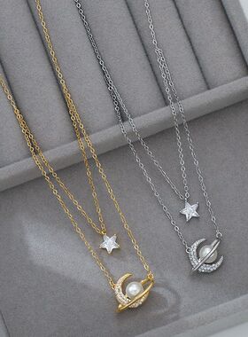 新款星月双层锁骨项链ins质感时尚颈链百搭通勤送朋友