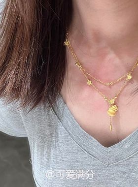 「福禄满满」新中式金色拉丝葫芦花朵项链爆闪温柔时尚双层锁骨链