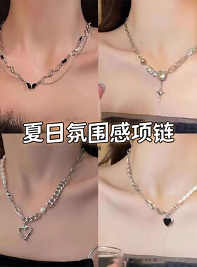 暗黑辣妹风黑色蝴蝶项链女2024新款锁骨链高级小众设计感出游搭配