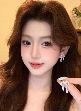 韩系甜美蓝色蕾丝蝴蝶结耳钉女轻奢高级感耳环独特漂亮耳夹耳饰