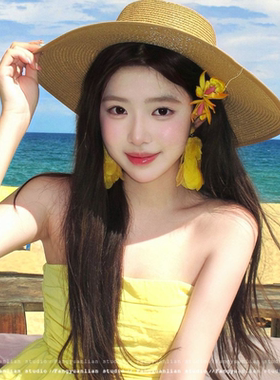 潮汐漫夏 氛围感黄色花朵流苏耳环女海边度假无耳洞耳夹夸张耳饰