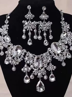 爆闪满风超水滴项链耳环套装小众轻奢高级锁骨宴会礼服晚礼服配饰