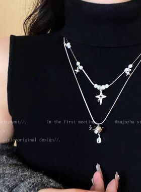 多层叠带珍珠土星项链女小众设计感轻奢锁骨链甜酷百搭毛衣链