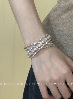 韩系轻奢满钻银色交叉手镯女复古清冷感手环百搭小众显白弹性手饰