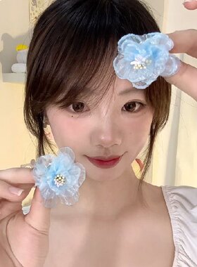 【柔雾山茶】氛围感蓝色网纱花朵耳钉女显脸小无耳洞耳夹耳饰