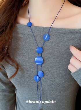 蓝调时刻~克莱因蓝色圆片项链夏季度假风锁骨链精致时尚项饰