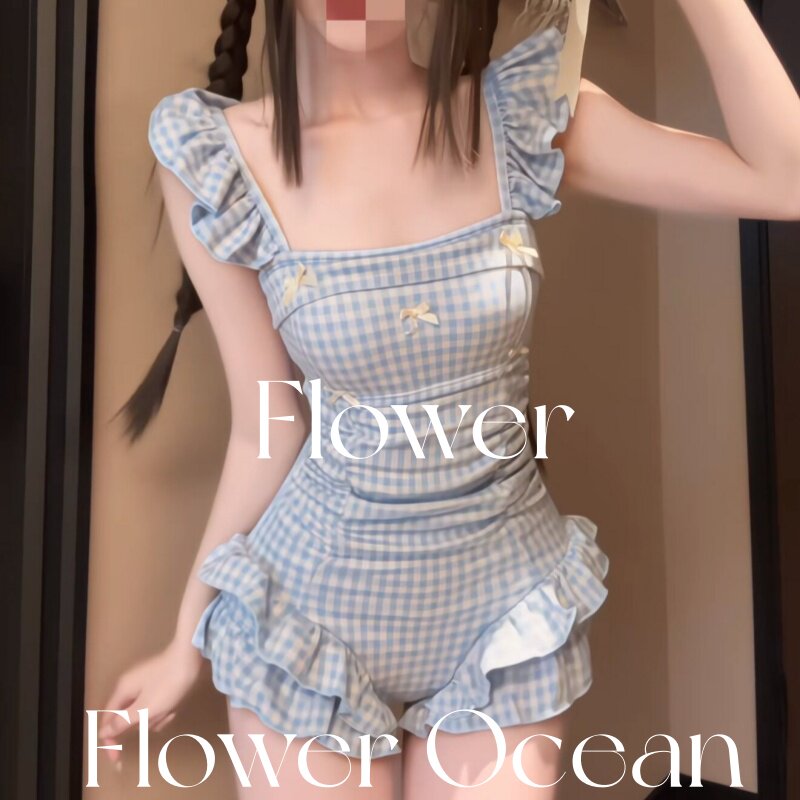 【少女格子】夏日纯欲甜美风连体显瘦遮肉温泉海边度假泳衣