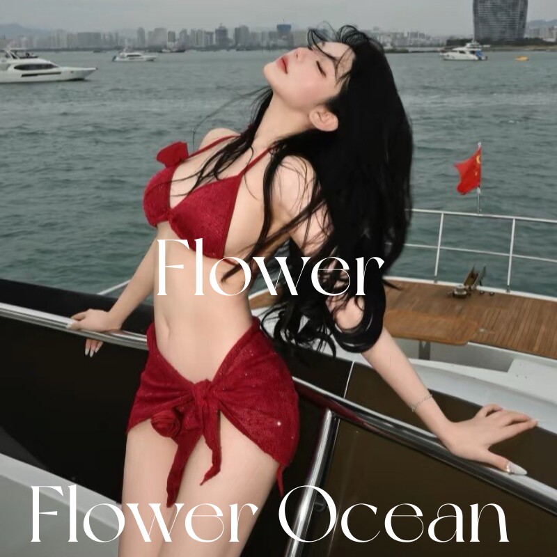 【玫瑰星河】红色性感细闪高级三件套bikini海边温泉度假泳衣