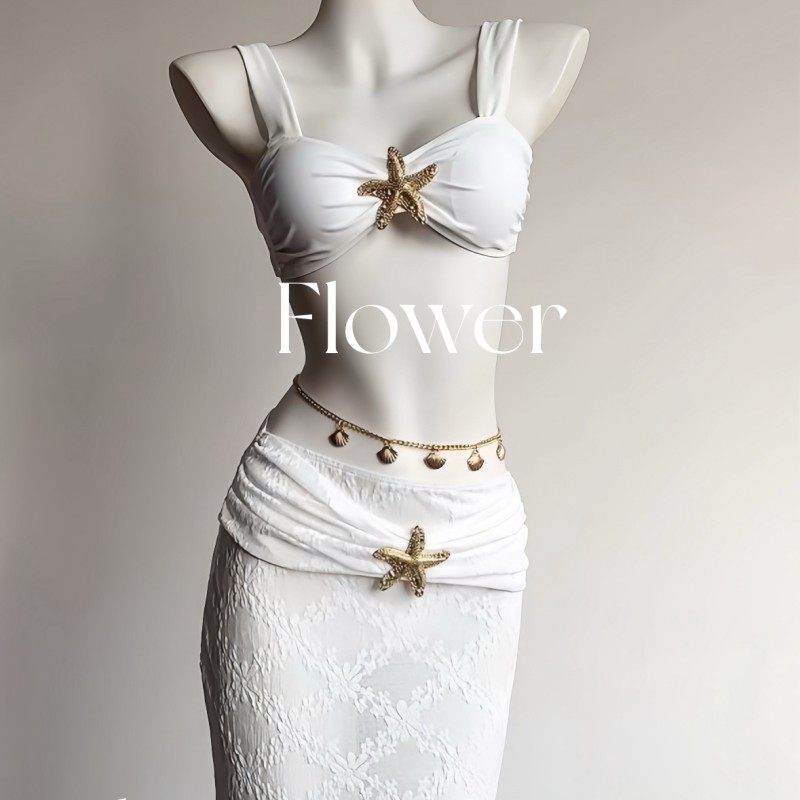 【纯白之恋】白色性感女神三件套分体bikini长裙海边度假泳衣