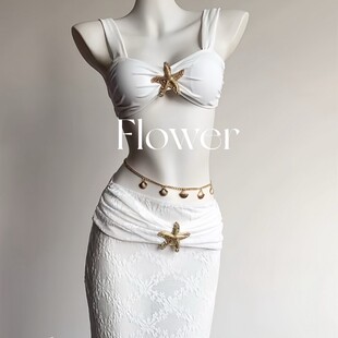 白色性感女神三件套分体bikini长裙海边度假泳衣 纯白之恋