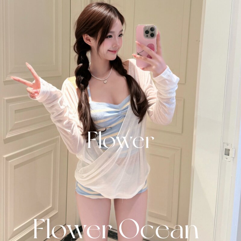 【baby蓝】夏日甜美少女感bikini蓝色三件套水上乐园海边度假泳衣