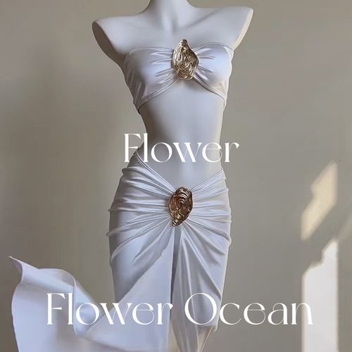 【白珍珠】性感纯欲抹胸bikini三件套高开叉长裙温泉度假泳衣