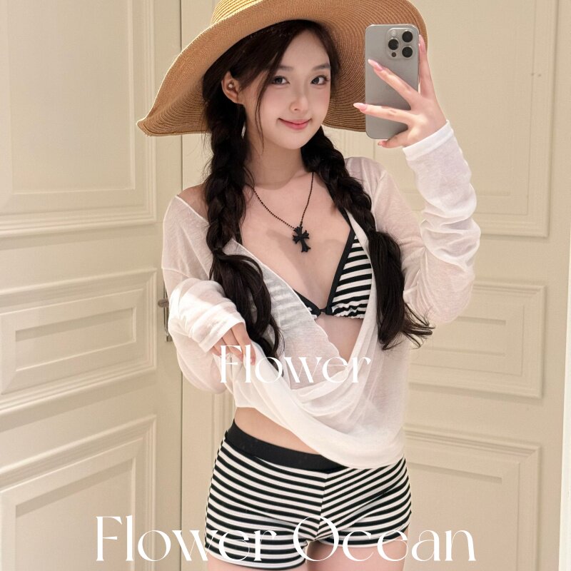 【天丝条纹】高级感韩系条纹bikini三件套水上乐园海边沙滩泳衣
