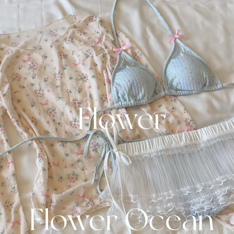 【奶呼呼】纯欲少女感甜美碎花bikini四件套水上乐园海边沙滩泳衣