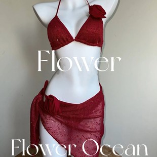 紅色性感細閃高級三件套bikini海邊溫泉度假泳衣 玫瑰星河