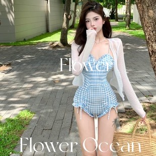 纯欲少女格子外搭连体显瘦遮肉沙滩度假泳衣 夏日甜心