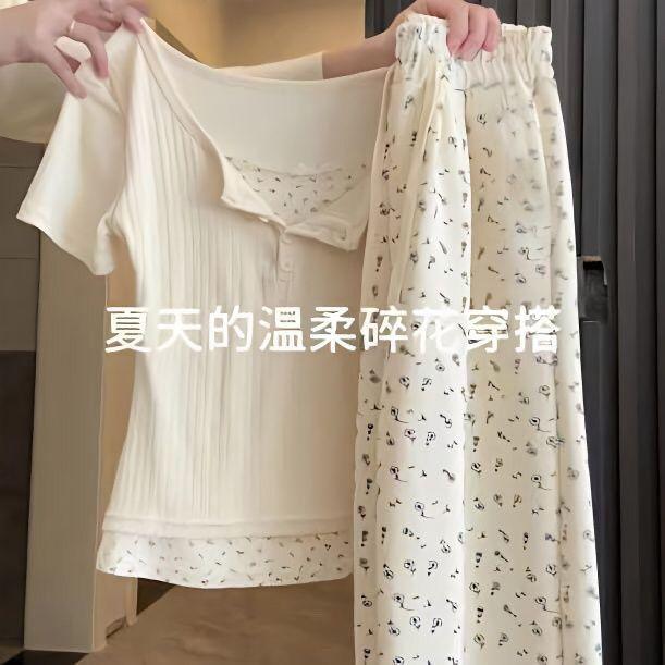 八分醒夏季新款套装女蕾丝拼接碎花假两件短袖小个子宽松阔腿裤