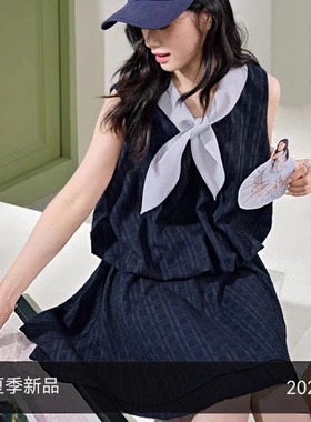 藏蓝色无袖背心裙绑带连衣裙2025夏季小众设计感新款女短裙子