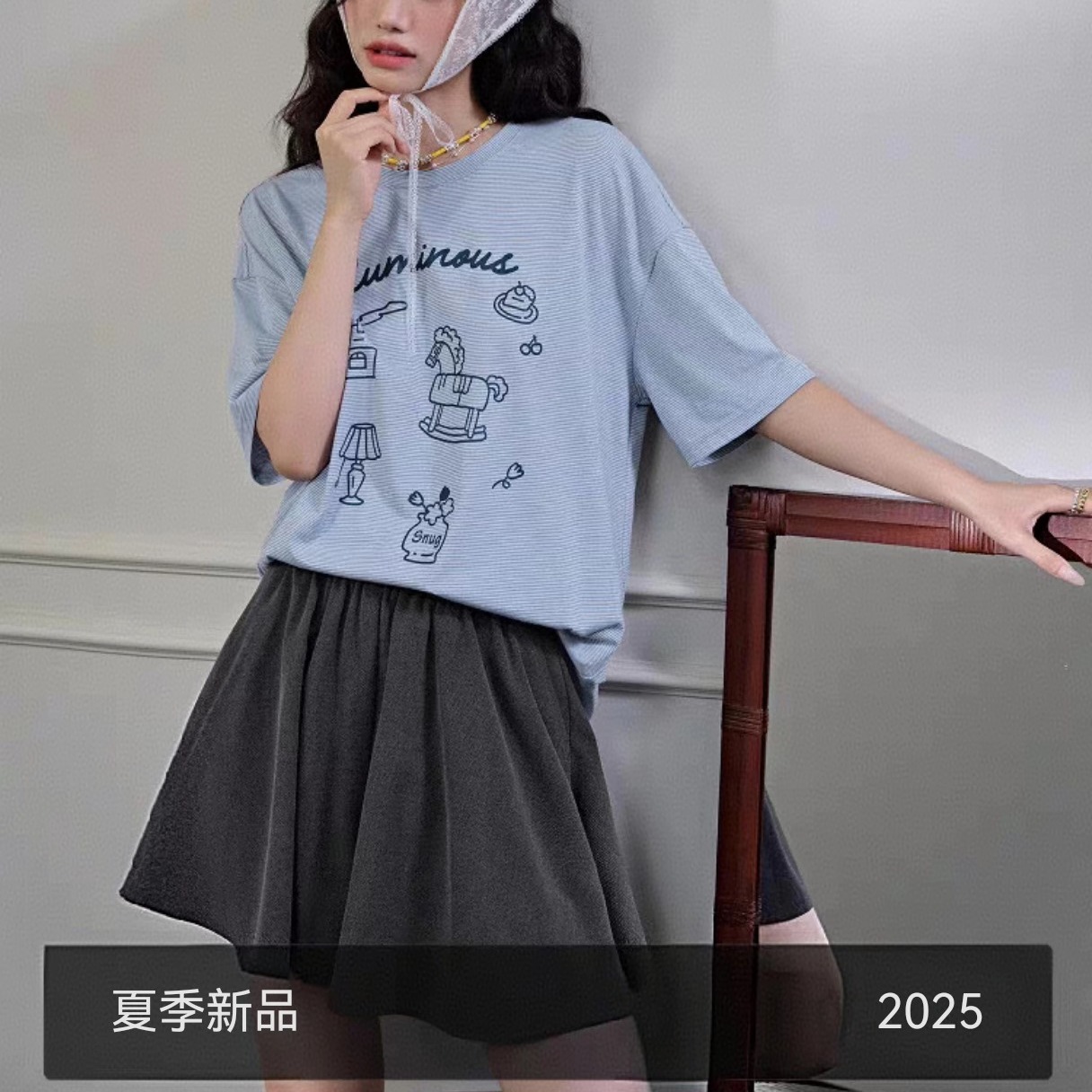 条纹趣味印花休闲T恤半袖上衣夏