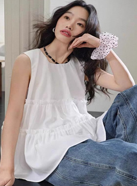 阔色法式白色木耳边背心衬衫女2025春夏季新款无袖娃娃衬衣上衣