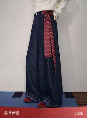 深蓝色格子加绒休闲牛仔裤女2025秋冬季新款宽松直筒阔腿裤子