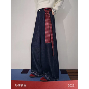 深蓝色格子加绒休闲牛仔裤女2025秋冬季新款宽松直筒阔腿裤子