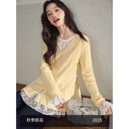黄色针织衫毛衣开衫蕾丝衫两件套装25初秋季新款女叠穿上衣
