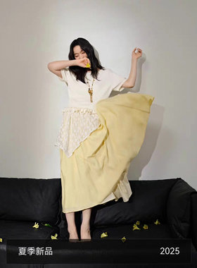 黄色半裙法式蕾丝屁帘拼接长裙子2025夏季穿搭新款女装半身裙