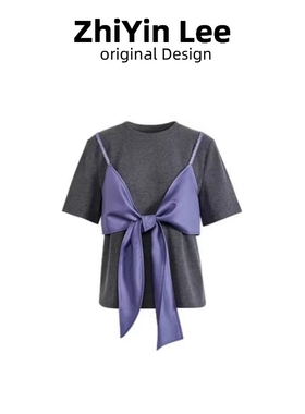 假两件紫色蝴蝶结吊带拼接miu系针织衫女2024春夏百搭新款短袖T恤