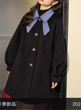黑色毛呢连帽外套短款披肩女2025秋冬蝴蝶结斗篷披风呢子大衣