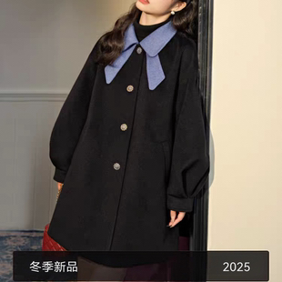 黑色毛呢连帽外套短款披肩女2025秋冬蝴蝶结斗篷披风呢子大衣