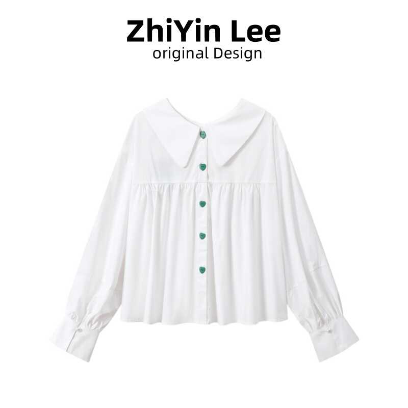 ZhiYin【薄荷冰糖】设计感春季白色长袖衬衣新款女娃娃领衬衫上衣