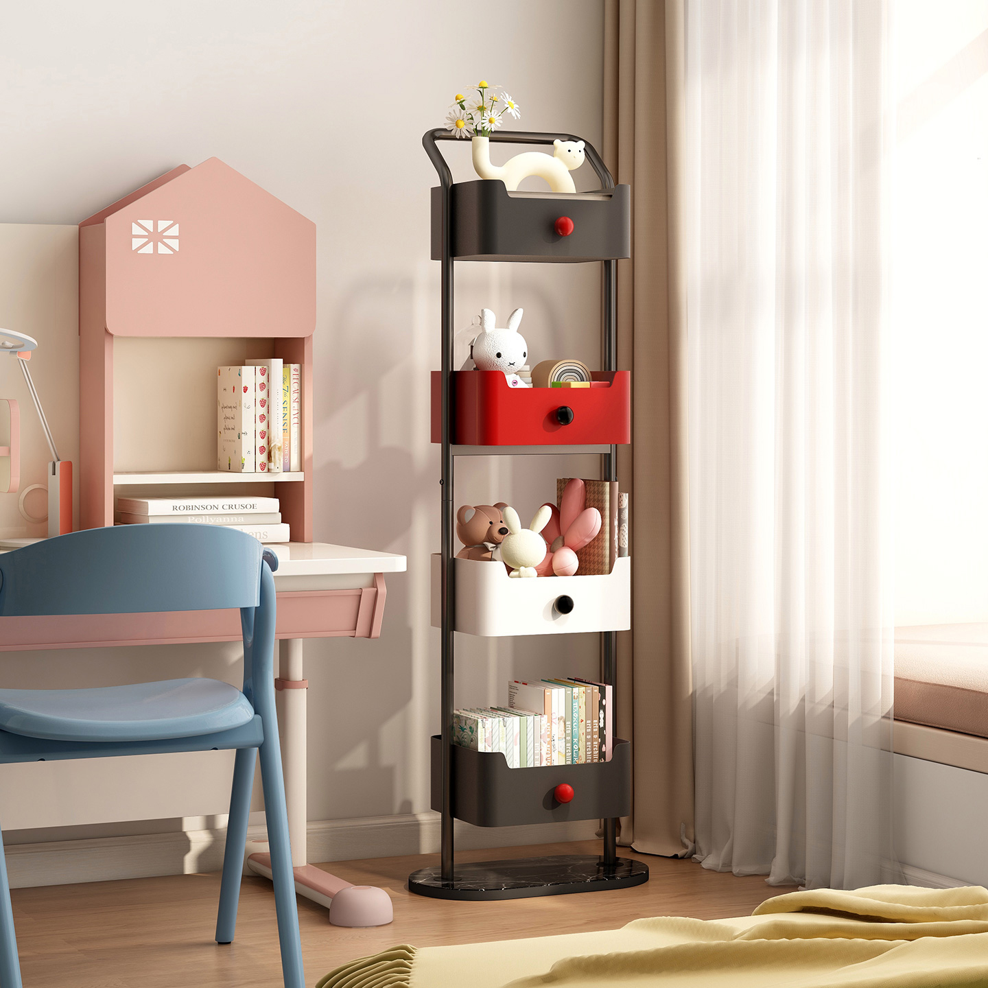 速立普大容量奶油风家用儿童书架