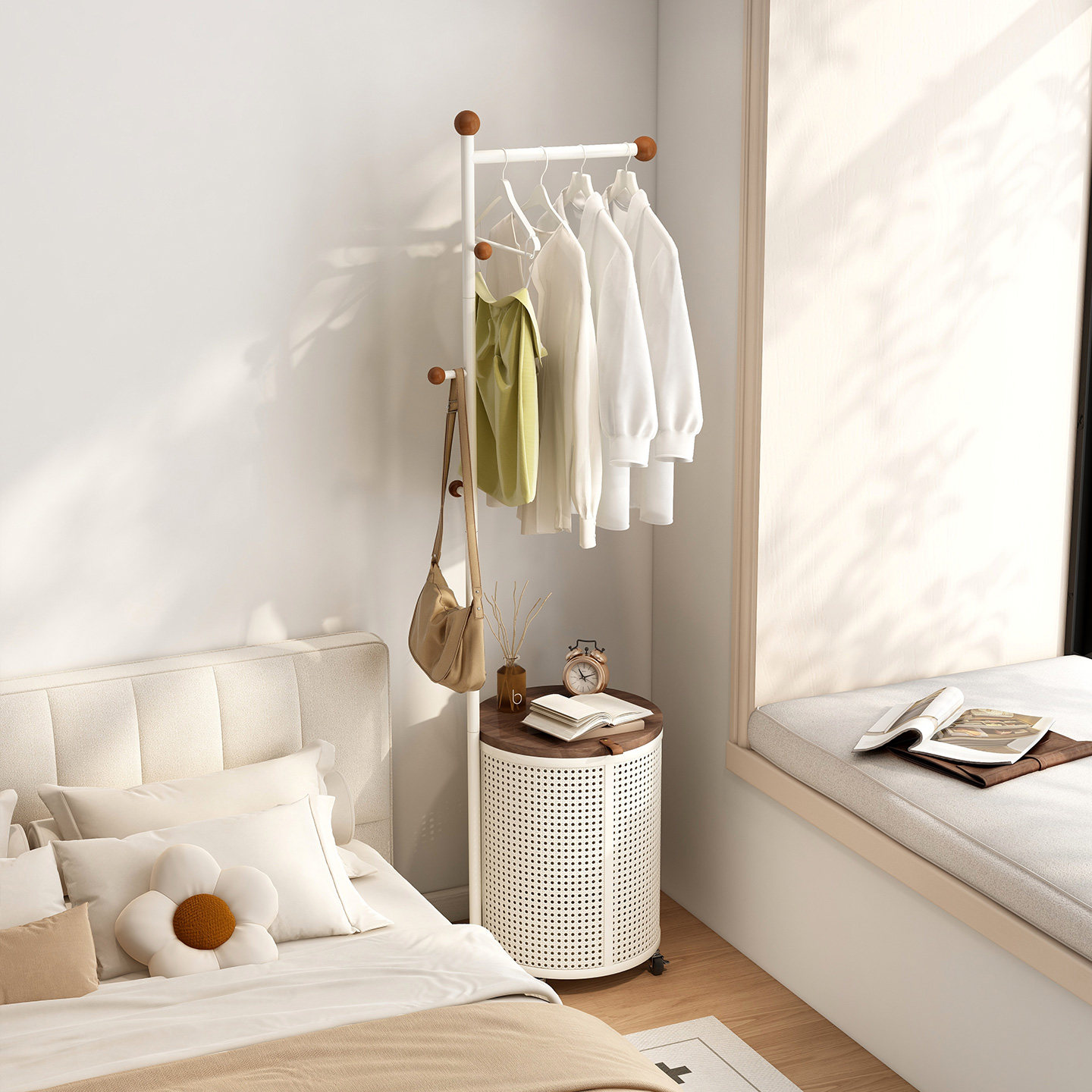 速立普奶油风可移动脏衣篓衣帽架