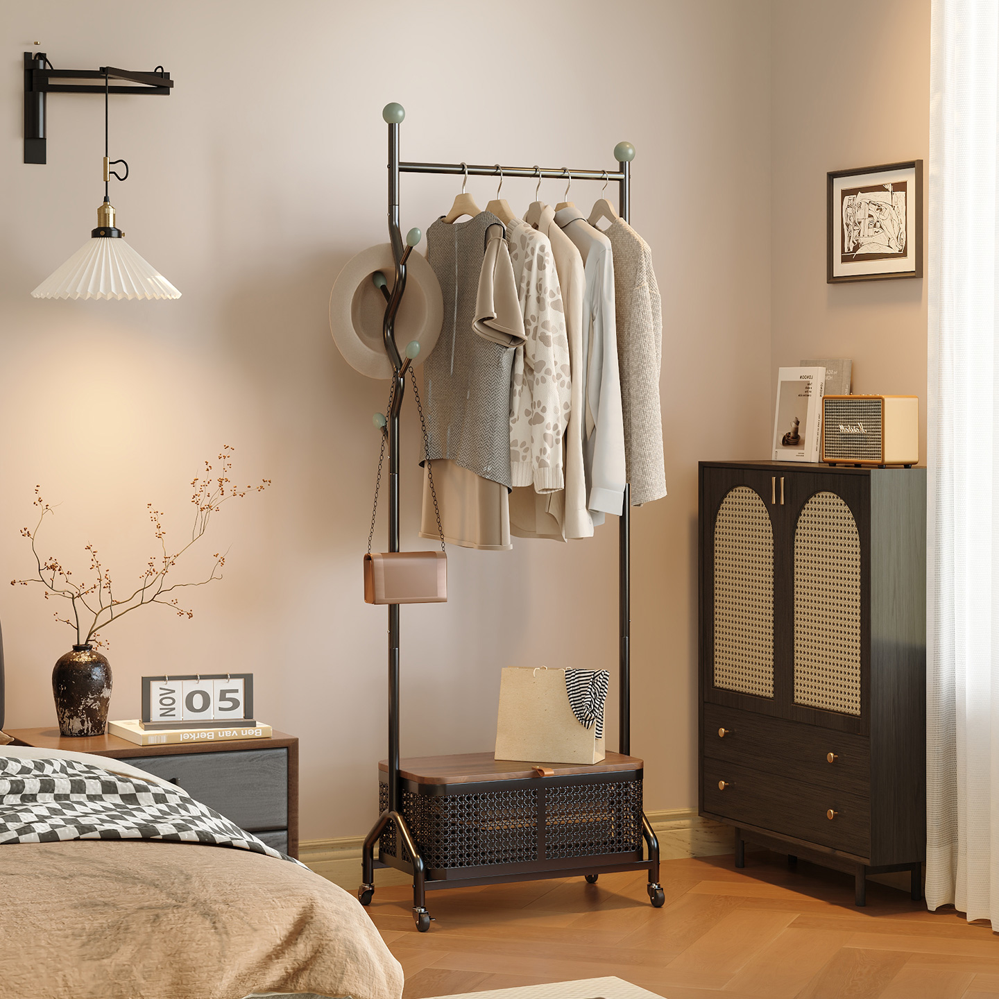 速立普中古风多功能可移动衣帽架