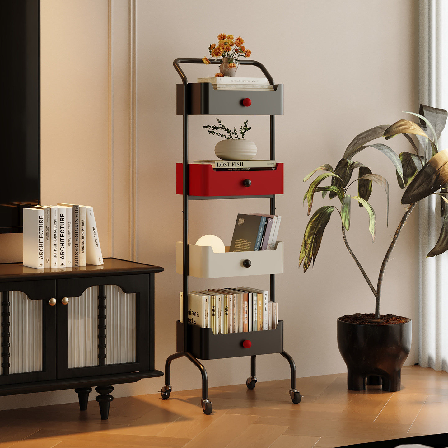 复古可移动铁艺书架中古风落地多层收纳架子客厅零食小推车置物架