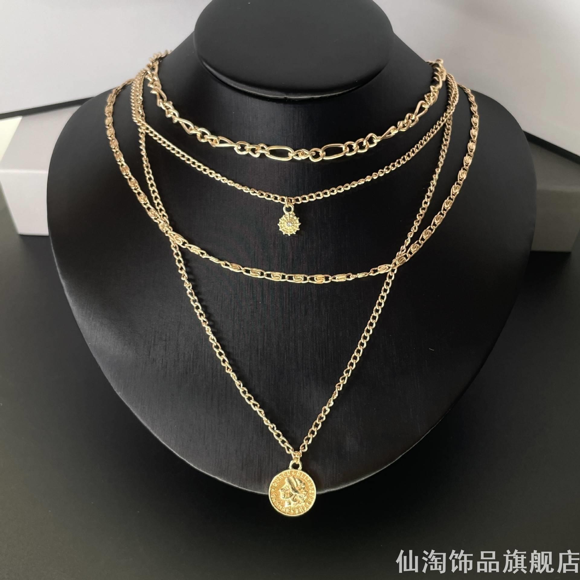 人像钱币吊坠项链复古多层叠戴