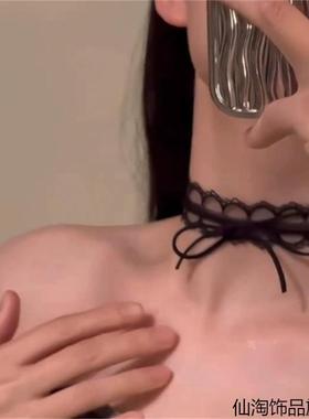甜酷辣妹黑色蝴蝶结蕾丝颈带锁骨链项圈项链绑带choker脖子配饰