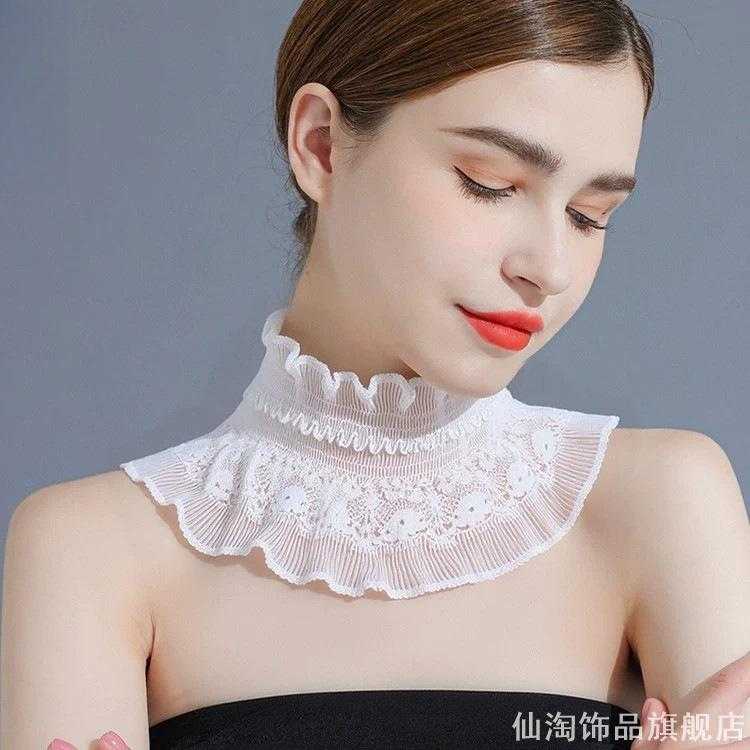 黑色花朵镂空蕾丝假领女多层荷叶边立领弹力套头打底衫装饰假衣领