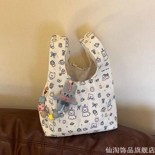 日系小众文艺猫狗满印手拎包灰色