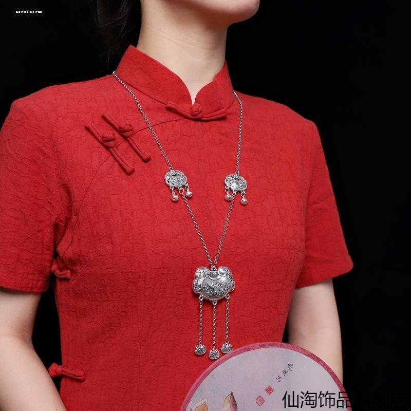 中式国风长款古银项链复古仿银长命锁流苏毛衣链旗袍汉服配饰女LK